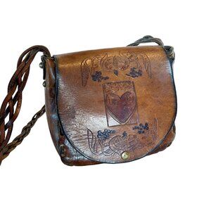 Rare Retro / Boho Rustic Hand Tooled 1970’s Heart & Floral Design Hippie Bag